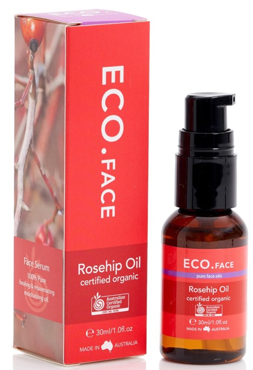 En flaske rosenkålansiktsserum ved siden av en rød eske med ECO FACE-logo og produktdetaljer.