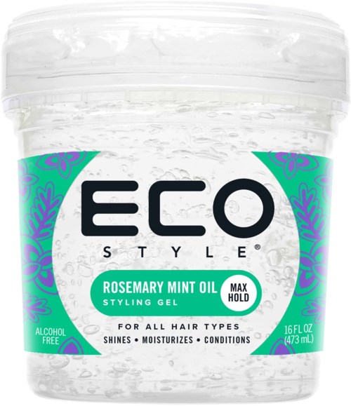 En behållare med Eco Style Rosemary Mint Oil Styling Gel, alkoholfri, för alla hårtyper, med max hållbarhet och återfuktande egenskaper.