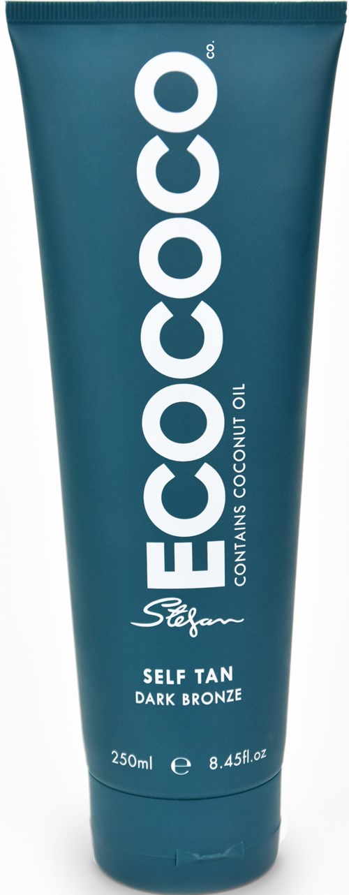 En blå tub märkt 'ECOCO' med kokosolja, självbruning, mörk bronz, 250 ml.