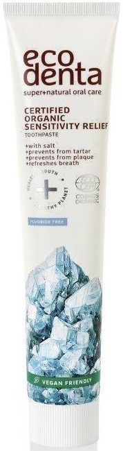 Tandpasta tube met Eco Denta, biologisch, cruelty-free, met ijs-illustratie, biedt gevoeligheidsverlichting en fluoridevrij.