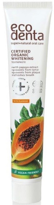 Tannkremrør med papaya og mynte, merket eco dent, økologisk whitening, vegansk vennlig og fordeler som tannsteinforebygging.