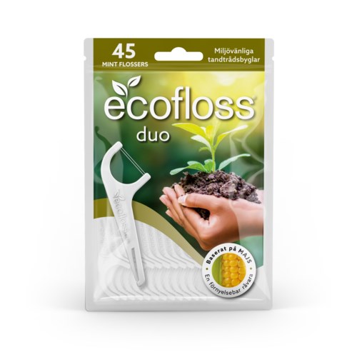 Ecofloss duo paket innehåller 45 mintsmakande tandtrådsplockare av miljövänligt material, odlat på majs.