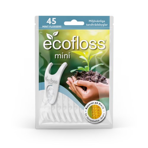 Ecofloss mini, mintsmakande tandtrådspetare, visar en hand som håller jord och växt. Det finns 45 stycken.