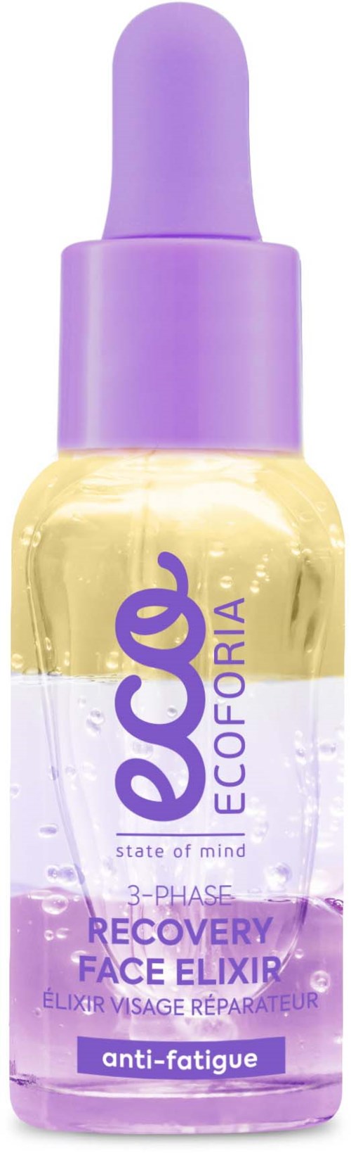 Kleine Tropfflasche mit violettem Deckel und gelber Flüssigkeit, für Gesichtspflege und Anti-Fatigue.