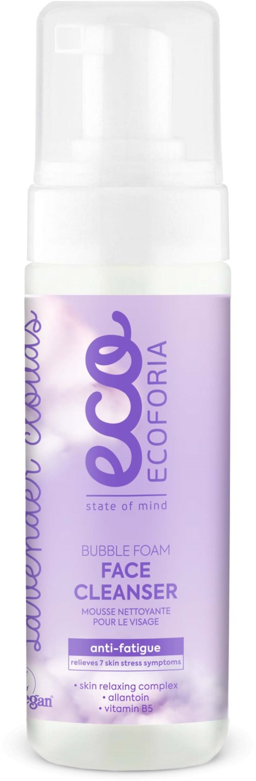 A white pump bottle with purple and white label, called 'Ecofa,' for face cleansing foam, anti-fatigue, with relaxing, lotus, vitamin.