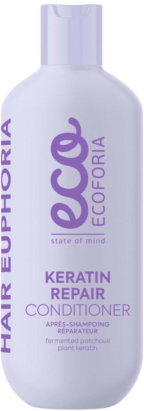 En vit flaska av Ecoface Keratin Repair Conditioner med lila text för hårvård.