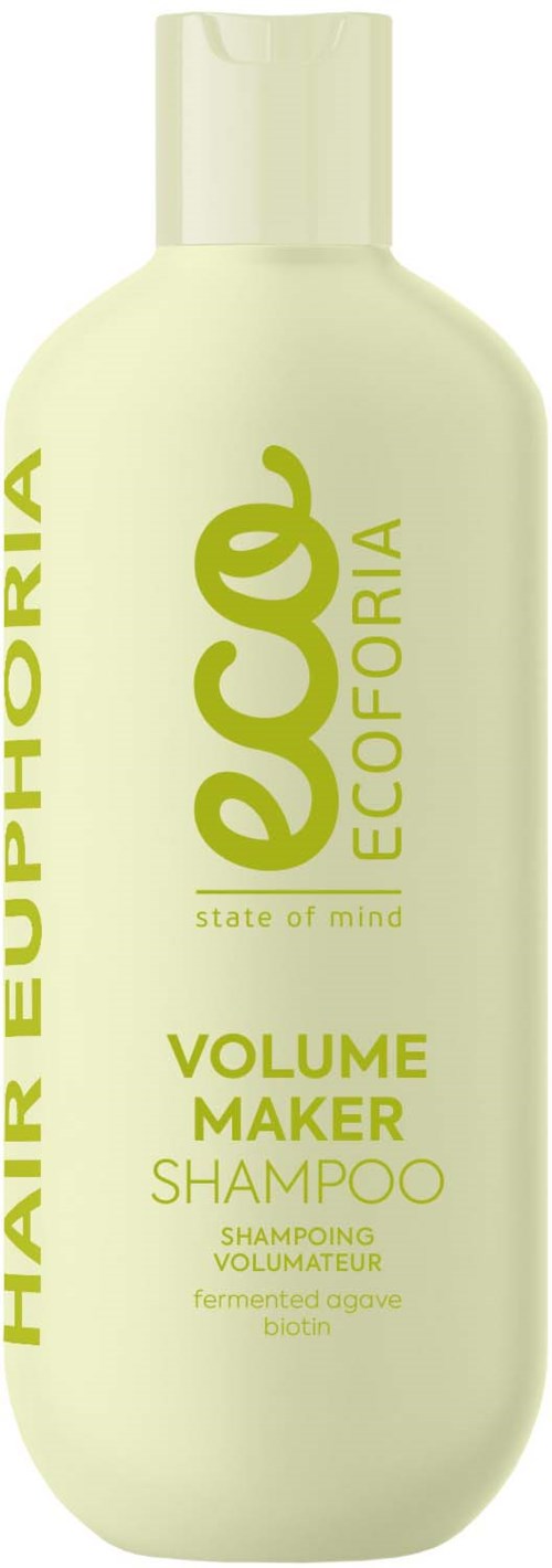 En ljusgul flaska Ecoflora Volume Maker Shampoo med gröna text och logo.
