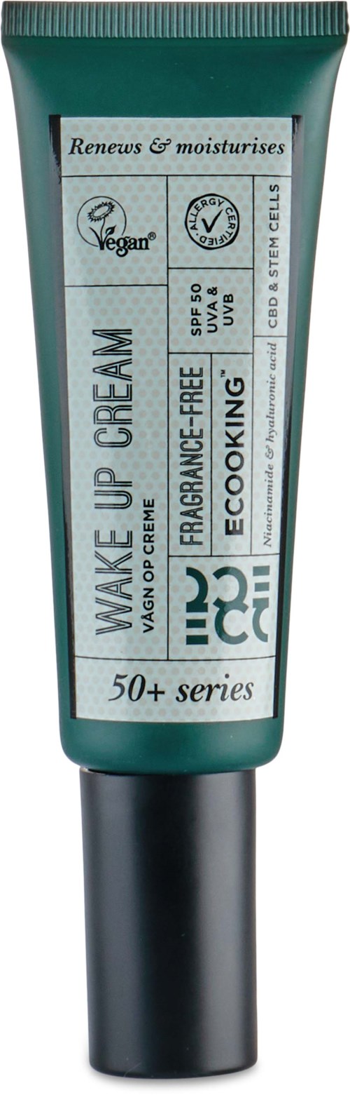En tub Wake Up Cream med SPF 50 för ansiktet, vegansk, återfuktande och lämplig för matlagning. Märkt som del av 50+ serien.