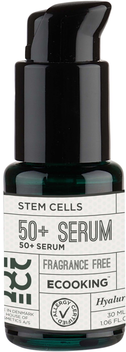 Mörkgrön flaska med pump, etiketten säger STEM CELLS 50+ SERUM, parfymfritt, miljövänlig, 30 ml.