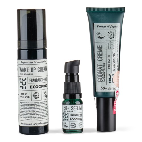Three skincare products are shown: a moisturizer, serum, and face cream, all with labels indicating vegan and eco-friendly options.
