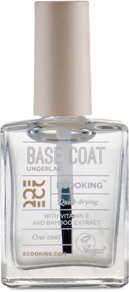 En klar nagellackflaska med vit kork, märkt 'Base Coat' med extra information och ikoner.