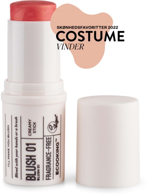 A white stick with a pink top, labeled for makeup use, positioned next to a matching cap, with bold text and a decorative background.