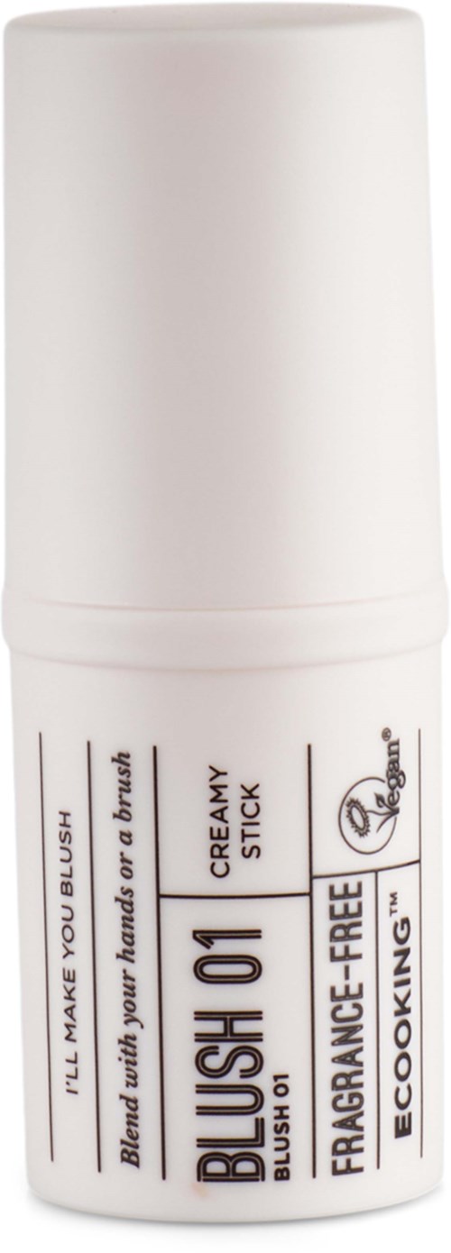 A white deodorant stick with black text, labeled 'BLUSH 01', and mentions fragrance-free and eco-cooking.