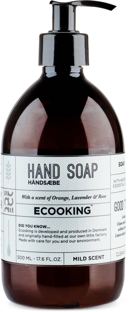 En mørkebrun flaske med pumpemekanisme mærket 'Hand Soap' og 'EcoKing', med mild duft af orange, lavendel og rose.
