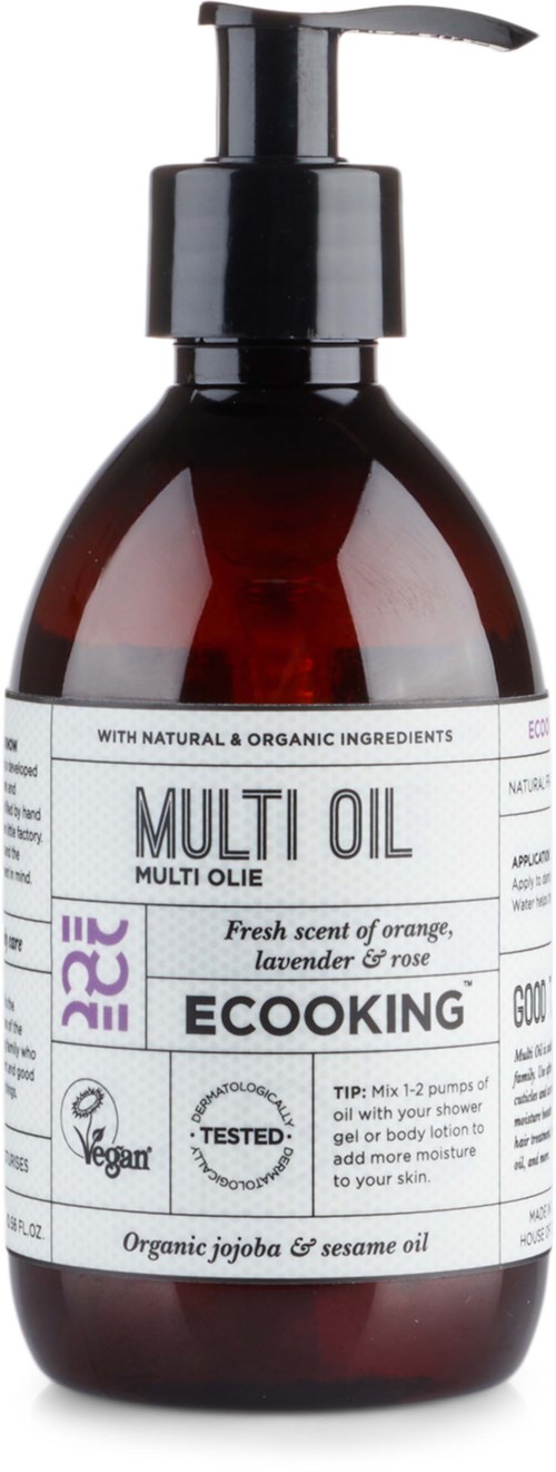 A brown bottle with a black pump contains EcoKing Multi Oil with orange and lavender scent, made from organic oils.