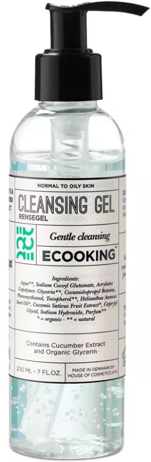 En genomskinlig flaska med pump, märkt 'Cleansing Gel' för skonsam rengöring av ansiktet, innehåller gurk-extract och glycerin.