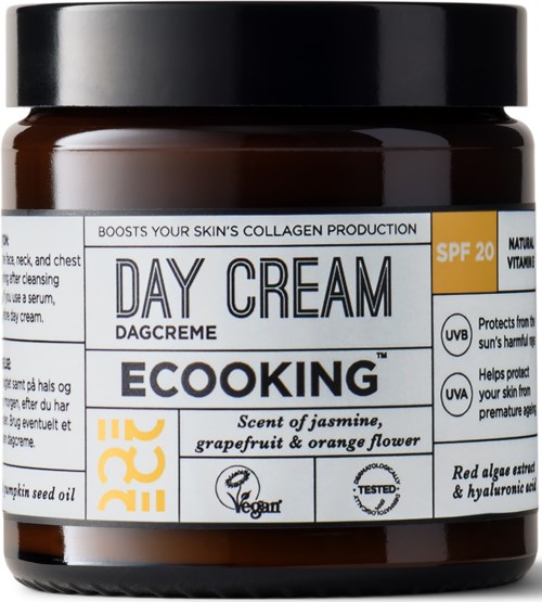 En brun boks mærket EcoKing dagcreme med SPF 20, duft af jasmin, grapefrugt og appelsin, vegansk, testet og beskyttende.