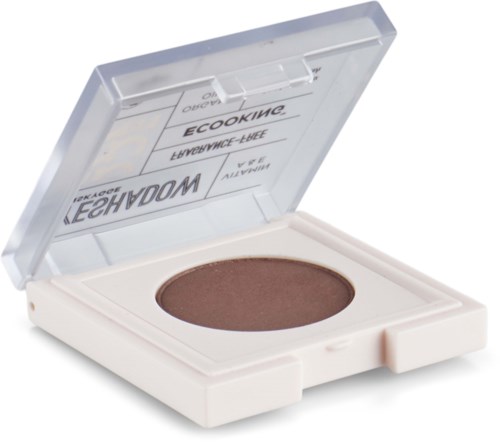 A compact brown eyeshadow in a white case with a clear lid.