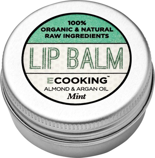 A round container of organic mint lip balm with almond and argan oil, labeled as 100% natural ingredients.