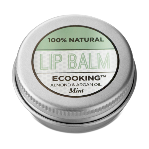 Small round tin with a label saying 100% natural, mint flavor, almond and argan oil, called Lip Balm.