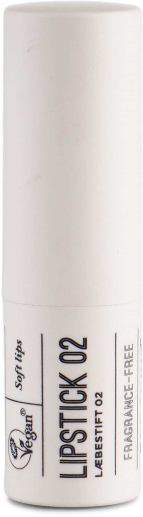 En vit behållare märkt 'Lipstick 02' och 'parfymfri' för läppar.