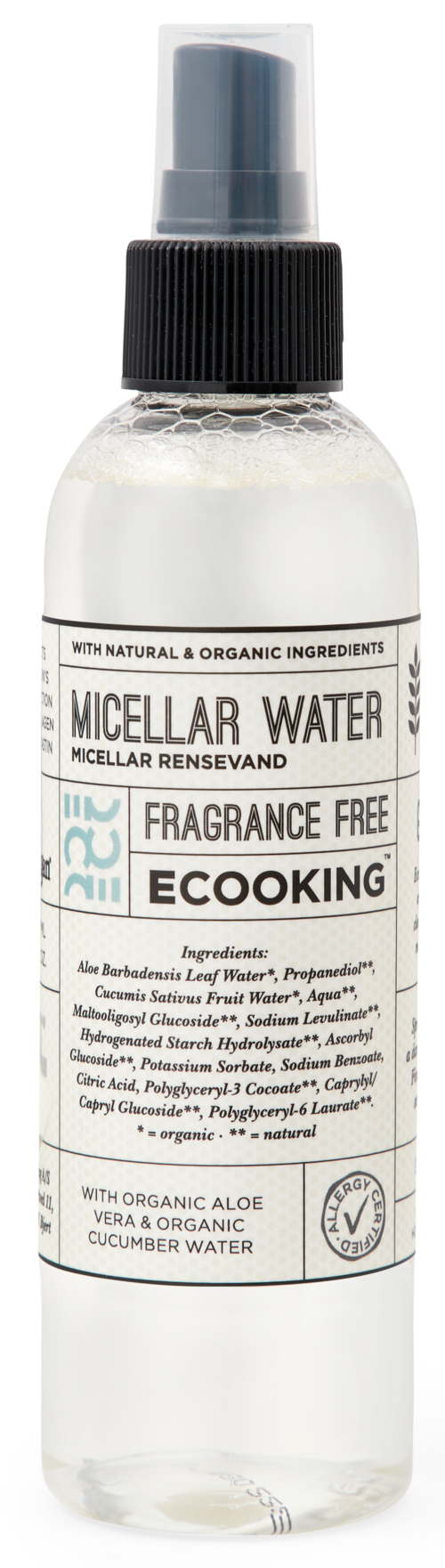 Flaske med parfymefritt micellært vann laget med naturlige ingredienser og økologisk aloe og agurkvann.