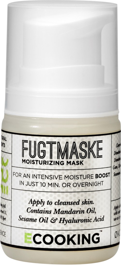 En lille hvid flaske med pumpe mærket 'FUGTMAKSE Moisturizing Mask' til hudhydrering med naturlige ingredienser.