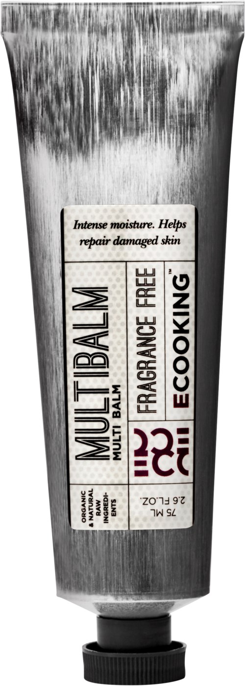 Sort-hvid tube med label, indeholder balm til hudreparation, parfumefri, bruges i madlavning, mærket 'Multi Balm'.