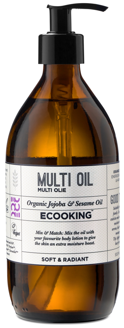 A brown bottle with a black pump, labeled "Multi Oil" with organic ingredients and usage instructions.