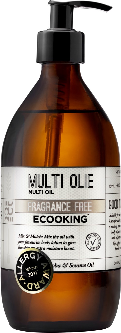 En brun flaske med pumpe indeholder EcoCooking multiolie, parfumefri, med avocado- og sesamolie.