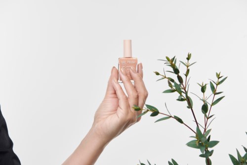A hand holds a pink nail polish bottle next to a green leafy branch on a white background.