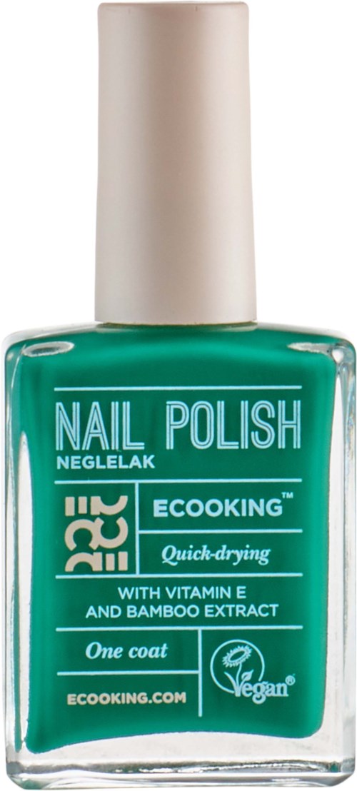 A teal-colored nail polish bottle with a white cap, labeled with brand, features, and vegan certification.