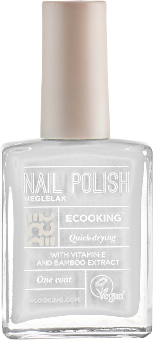 A clear nail polish bottle with a white cap, labeled as vegan, quick-drying, with vitamin E and bamboo extract.