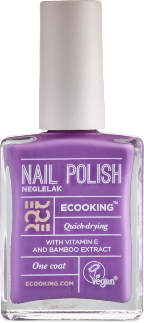 Purple nail polish bottle with white cap, labeled 'Nail Polish', contains vegan, quick-drying formula with vitamin E and bamboo.