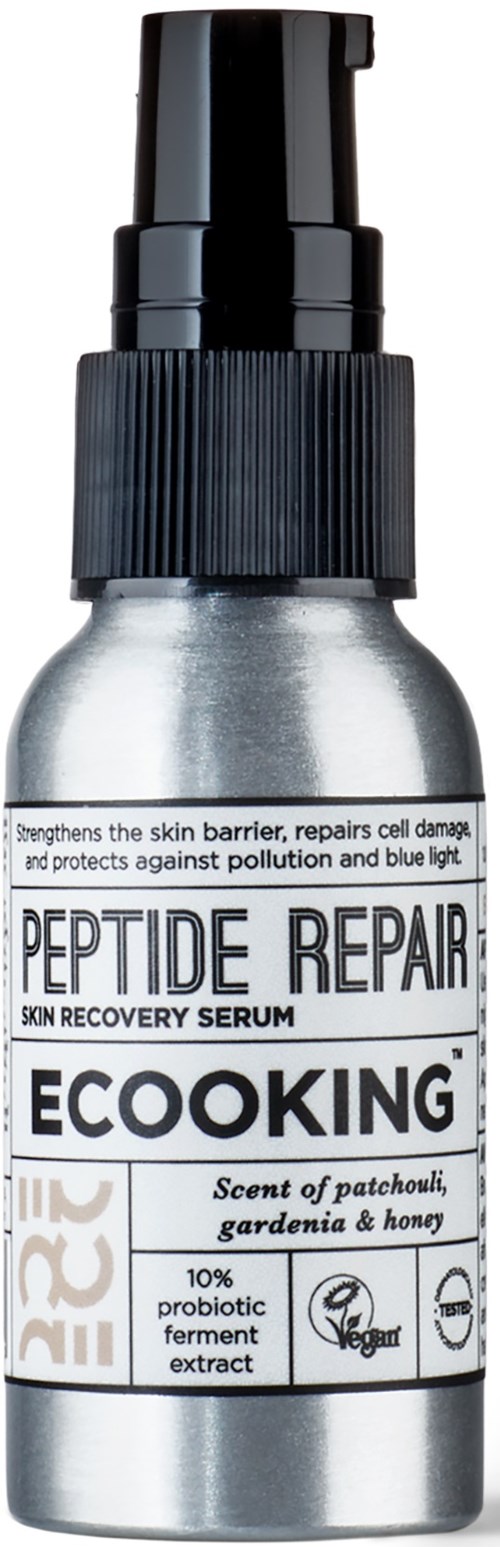 En lille sølvfarvet flaske med sort pumpe mærket Peptide Repair, Ecooking, til hudhelbredelse og beskyttelse.