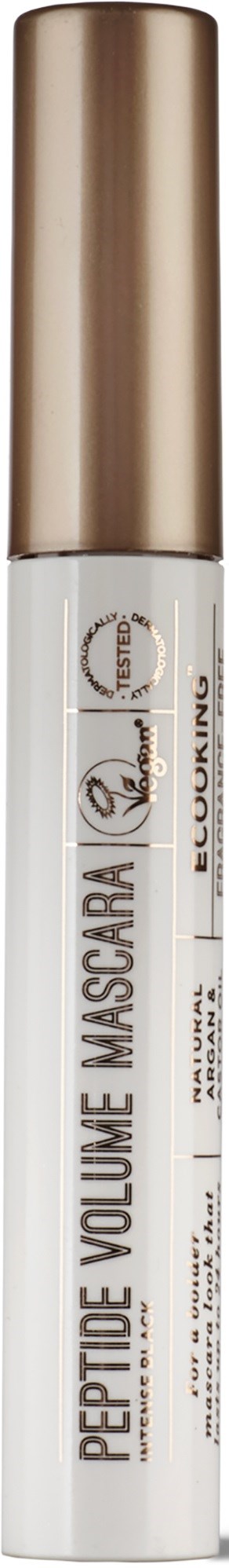 En hvit tube med gullkappe, merket 'Peptide Volume Mascara' og 'LUXE' for øye sminke.