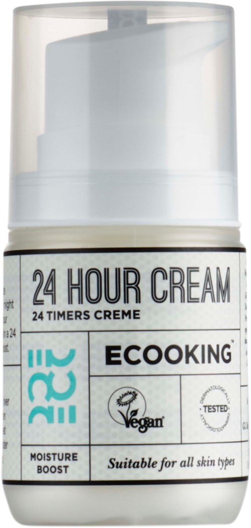 En vit pumpflaska märkt '24 HOUR CREAM' med 'EcoKing', vegansk, lämplig för alla hudtyper och utformad för att öka fuktigheten.