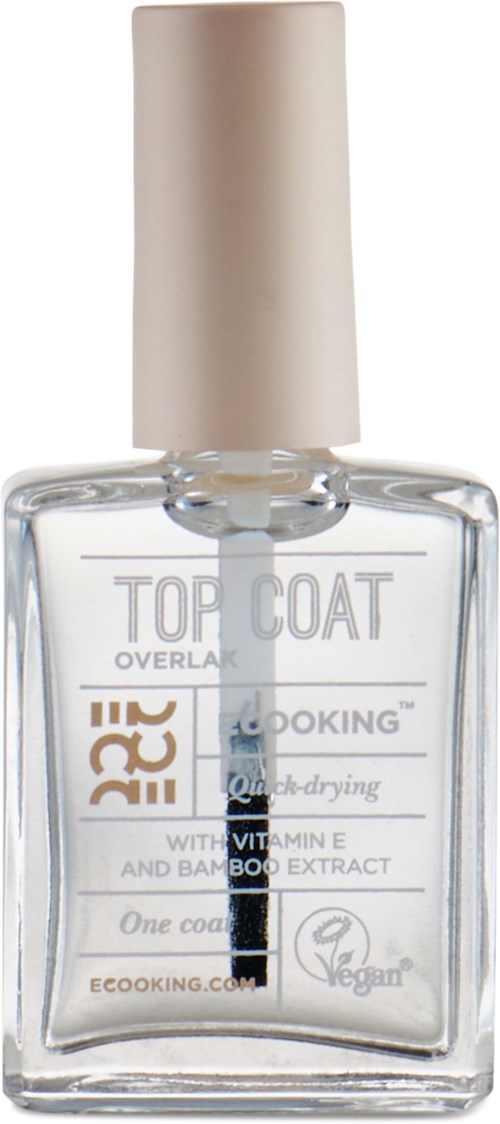A clear nail polish bottle labeled "Top Coat" with a gold cap.