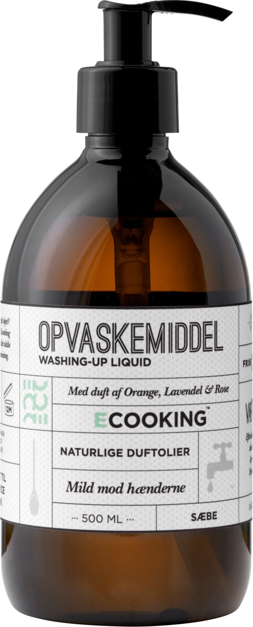 Brun flaska med pump märkt 'Diskmedel' för handdisk, med doft av apelsin, lavendel och citron.