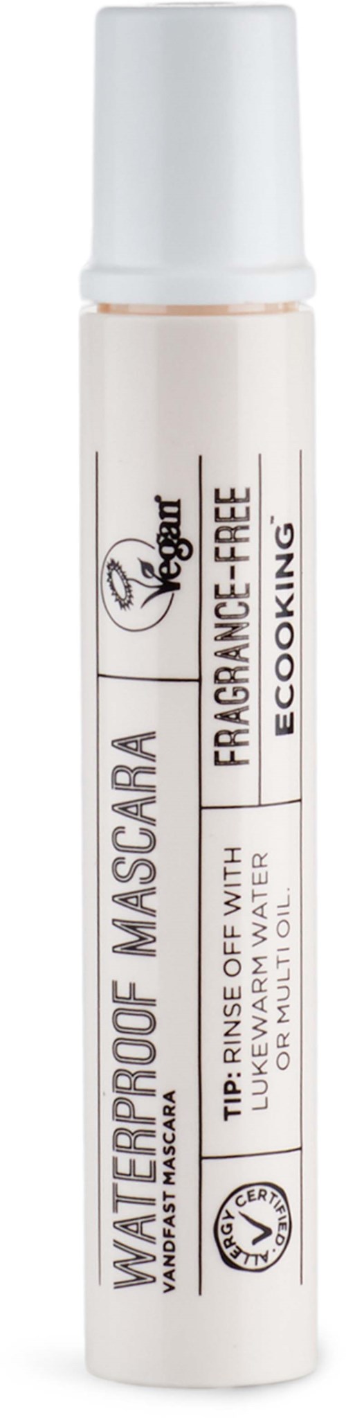En vit sprayflaska märkta vattentålig mascara med doftfri och eco-king alternativ.
