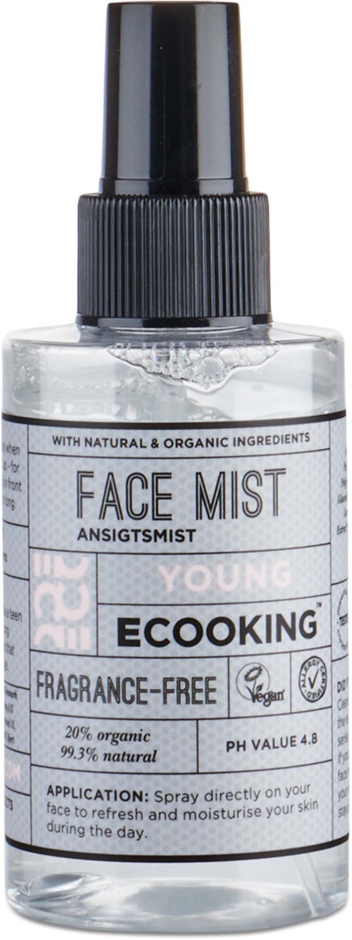 A clear spray bottle labeled 'Face Mist' with a black spray nozzle, called EcoKing, fragrance-free, organic, for skin hydration.