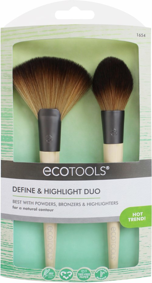 Två makeupborstar, en stor och en liten, med ljusa handtag i en grön och vit låda. Etiketten säger 'ecotools'.
