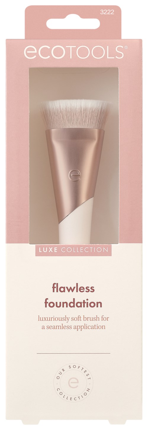 En blød, pink og hvid makeup-børste i en æske. Æsken siger 'ecotools' og 'flawless foundation' til jævn påføring.