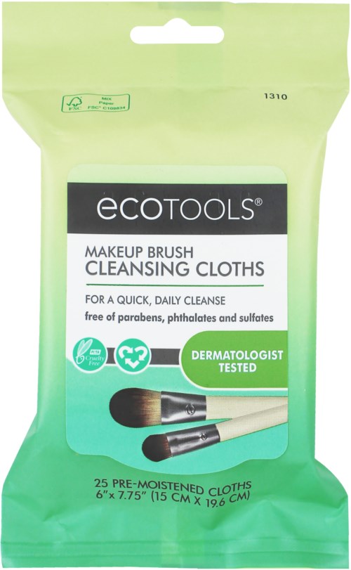 Cleanser cloths for makeup brushes, in green packaging, with two brushes printed on, tested by a dermatologist.
