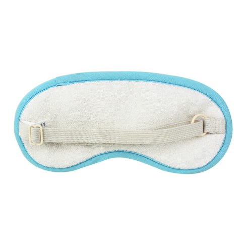 A soft eye mask with adjustable strap, blue border, and white fabric. Designed for sleep or relaxation.