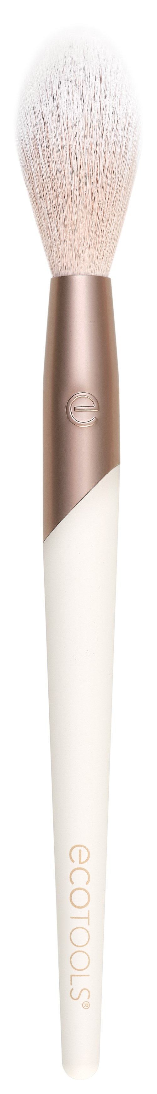 A makeup brush with white handle and pinkish soft bristles, the brand name 'ecoodoo' written on the handle.