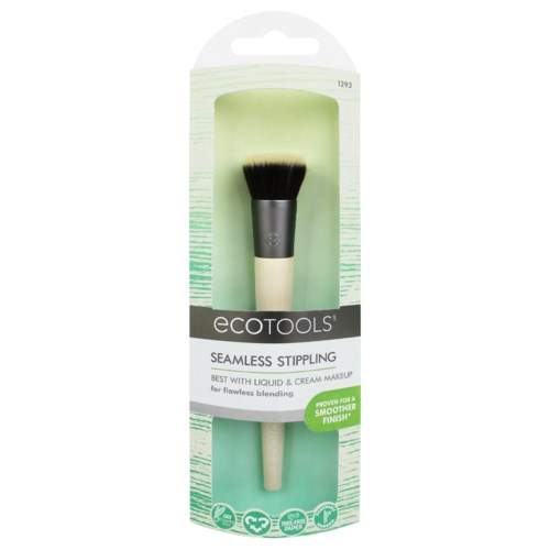 En makeup-borste i tydlig förpackning som heter 'EcoTools Seamless Stippling' med gröna och vita design element.
