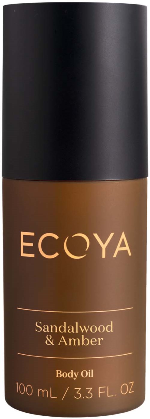 A brown bottle with black cap labeled EcoYa Sandalwood & Amber body oil, 100 mL. Simple design, elegant look.