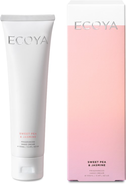 En vit tub och rosa box av Ecoya handkräm med doft av söt ärta och jasmin. Texten visar doft och märke.