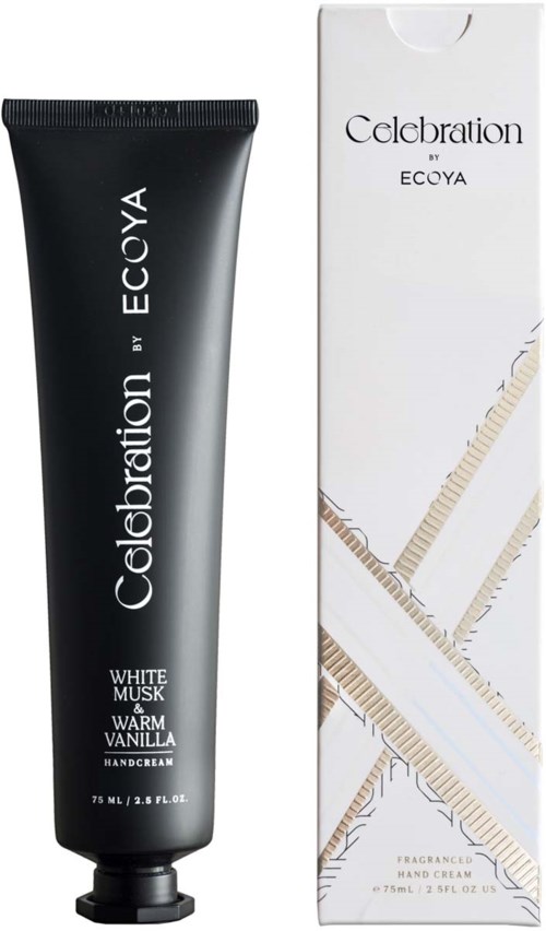 Een zwarte tube met 'Celebration by ECOYA White Musk & Warm Vanilla Handcream' en een witte doos met gouden en beige patronen.